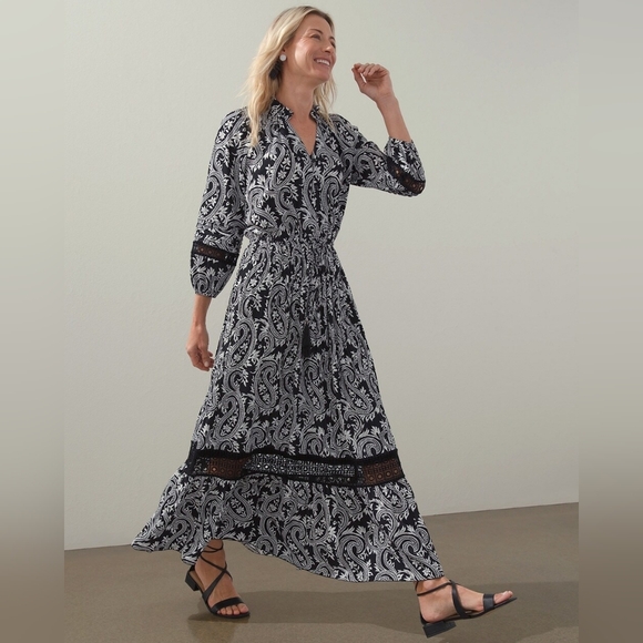 Chico's Paisley Black White Crochet Detail Ruffle Maxi Dress Women's Size 14 - Picture 2 of 14